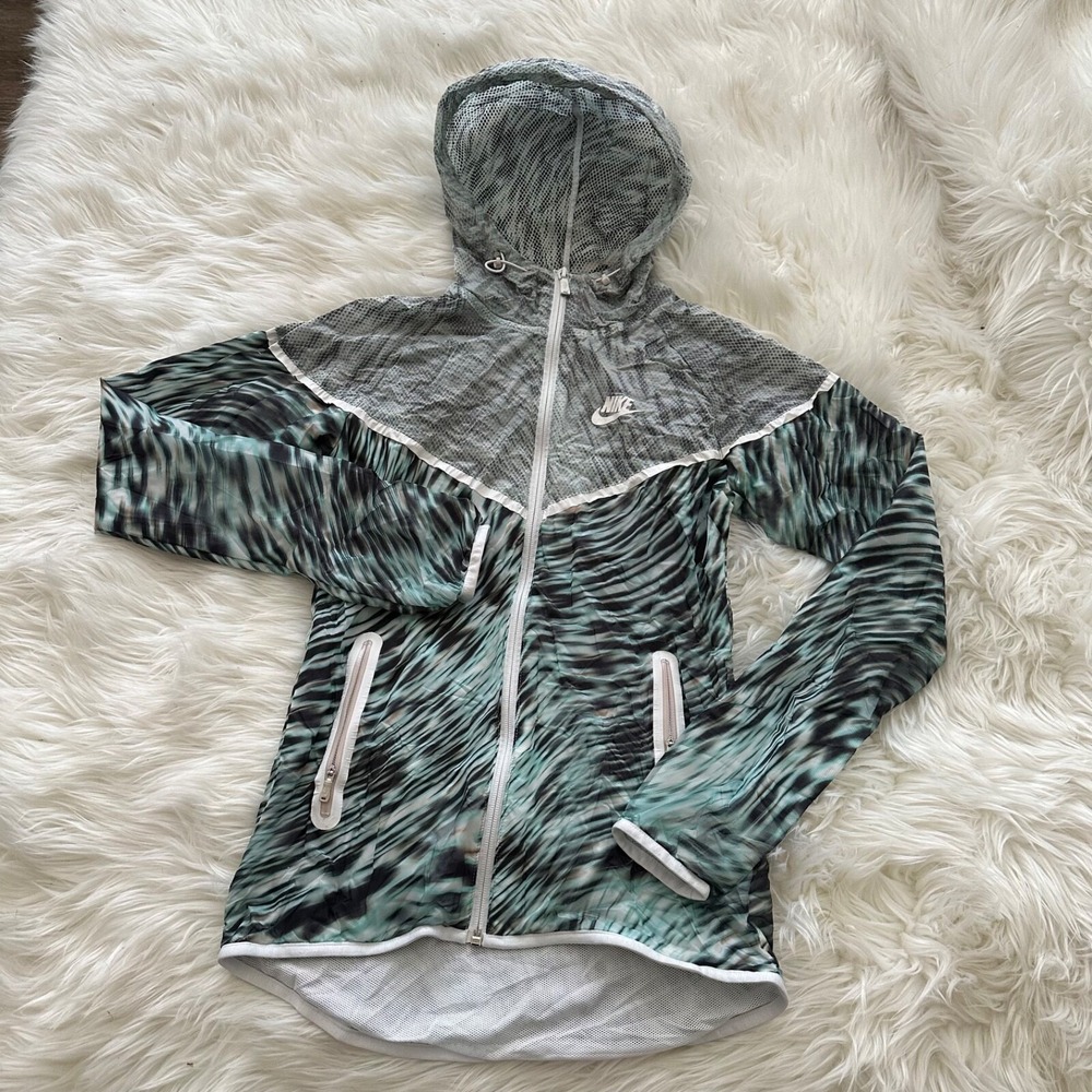 Nike Women's blue Full Zip Camo Hooded‎ Running Windbreaker Jacket Sz XS